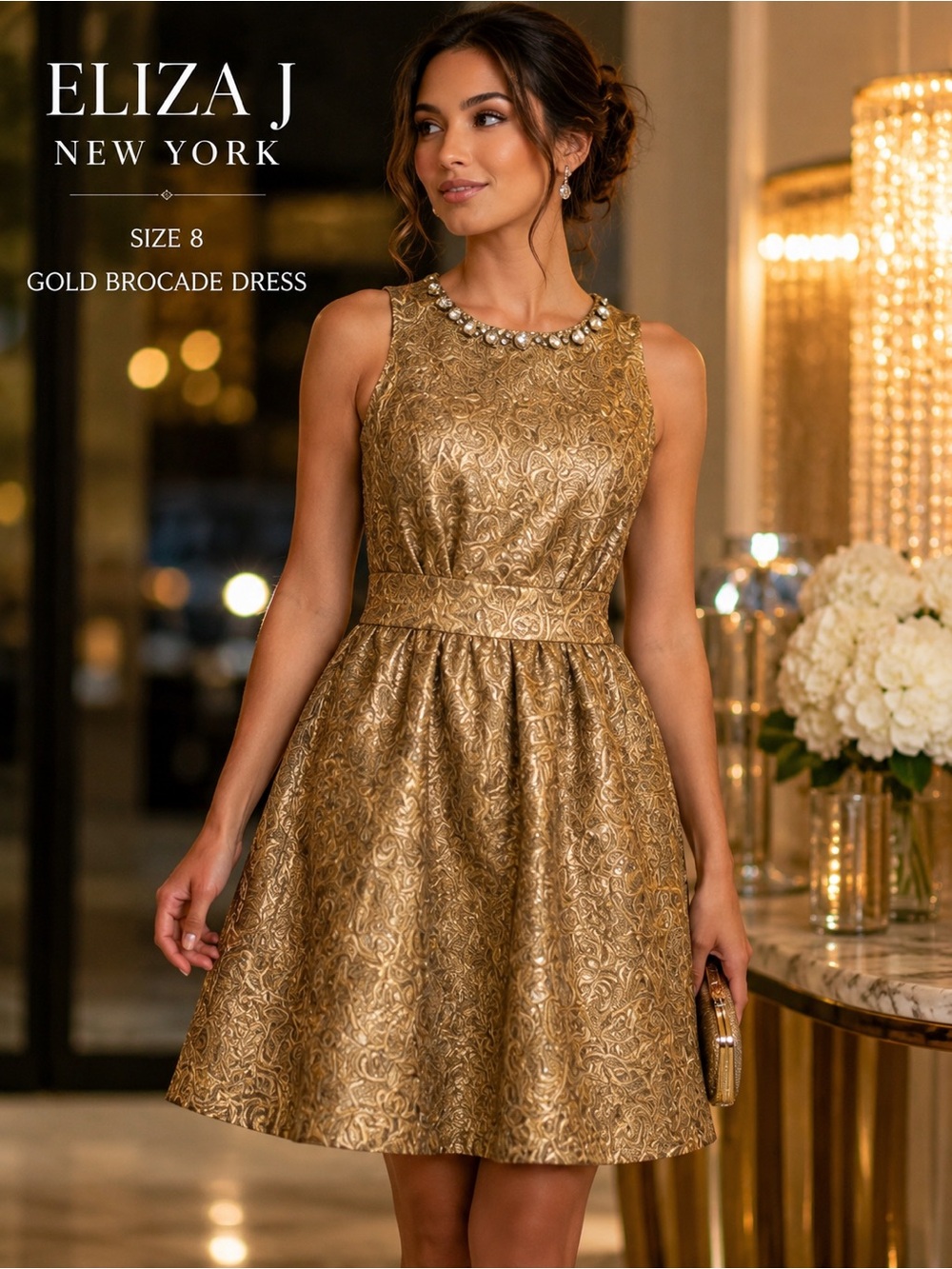 Eliza J Gold Brocade Fit & Flare Dress Size 8 Event Party Dress NWOT